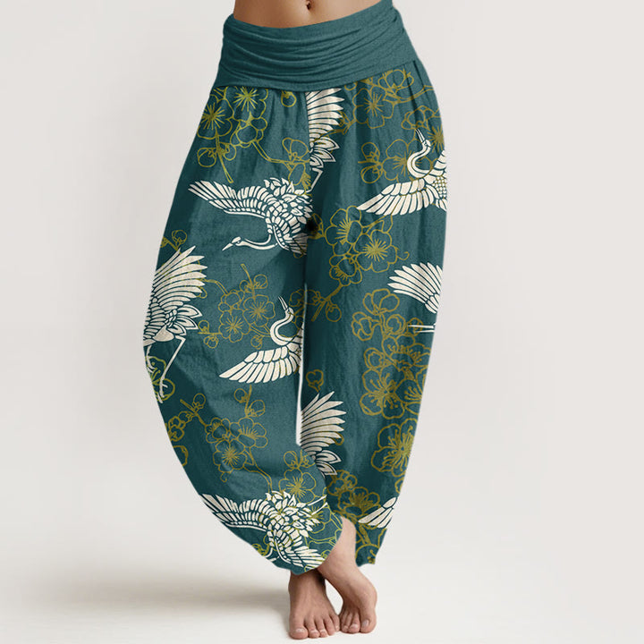 Pantalon sarouel à taille élastique pour femme, motif fleurs et grues, Buddha Stones - Vert de mer - US22，UK/AU26，EU54 (6XL) - image 5