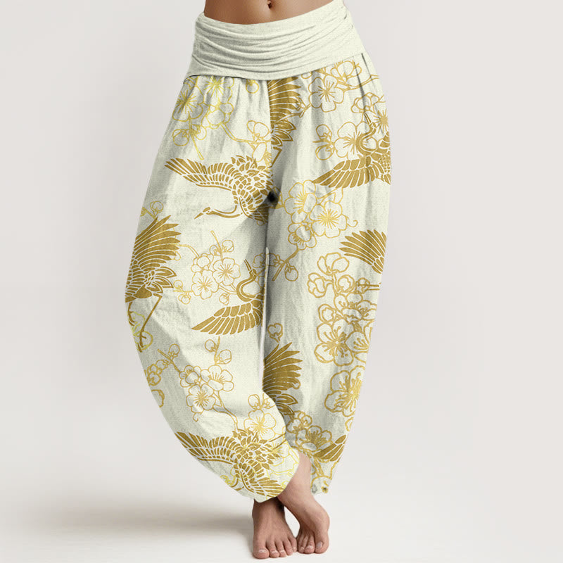 Pantalon sarouel à taille élastique pour femme, motif fleurs et grues, Buddha Stones - Jaune clair - US22，UK/AU26，EU54 (6XL) - image 8