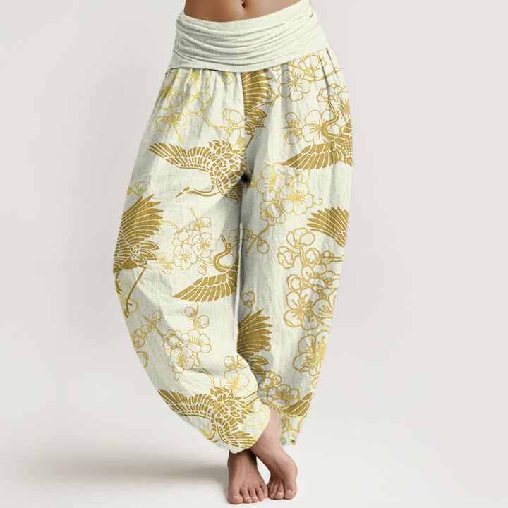 Pantalon sarouel à taille élastique pour femme, motif fleurs et grues, Buddha Stones - Jaune clair - US22，UK/AU26，EU54 (6XL) - image 8