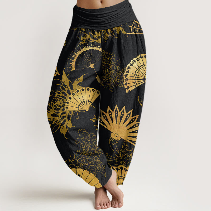 Pantalon sarouel à taille élastique pour femme, motif fleur et Buddha Stones - Noir - US22，UK/AU26，EU54 (6XL) - image 1