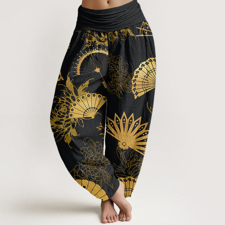 Pantalon sarouel à taille élastique pour femme, motif fleur et Buddha Stones - Noir - US22，UK/AU26，EU54 (6XL) - image 1