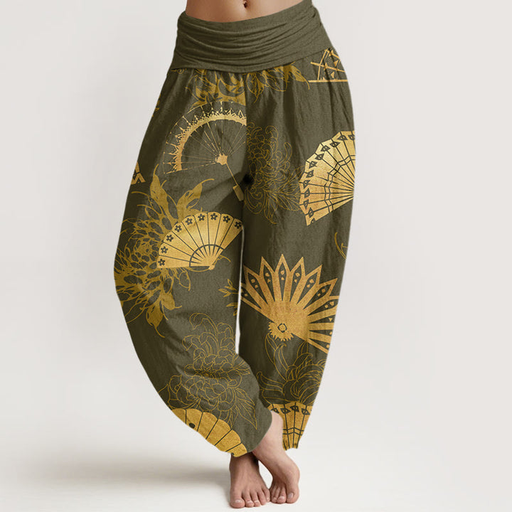 Pantalon sarouel à taille élastique pour femme, motif fleur et Buddha Stones - Olive - US22，UK/AU26，EU54 (6XL) - image 5