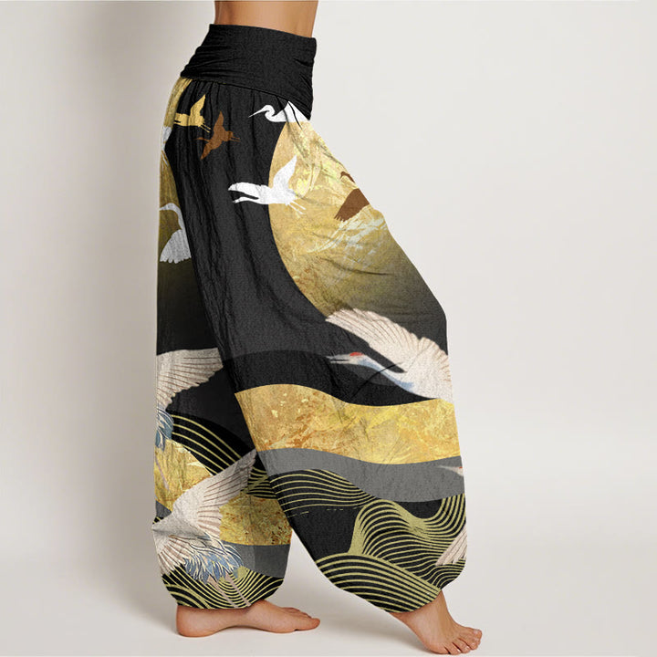 Pantalon sarouel taille élastique pour femme, Buddha Stones, grue, soleil et vagues - image 3