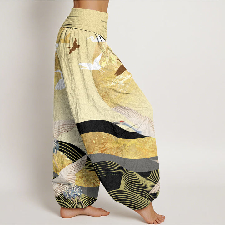 Pantalon sarouel taille élastique pour femme, Buddha Stones, grue, soleil et vagues