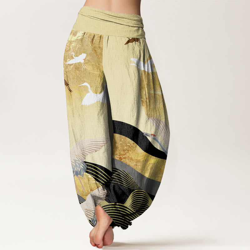 Pantalon sarouel taille élastique pour femme, Buddha Stones, grue, soleil et vagues