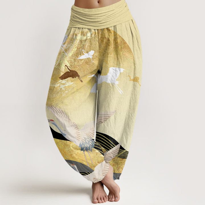 Pantalon sarouel taille élastique pour femme, Buddha Stones, grue, soleil et vagues