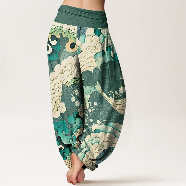 Pantalon sarouel à taille élastique pour femme, motif fleurs et vagues, Buddha Stones - image 1