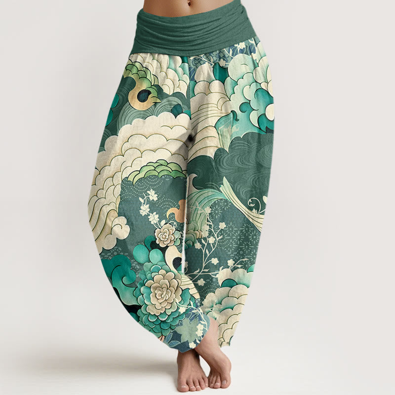 Pantalon sarouel à taille élastique pour femme, motif fleurs et vagues, Buddha Stones - Vert de mer - US22，UK/AU26，EU54 (6XL) - image 1