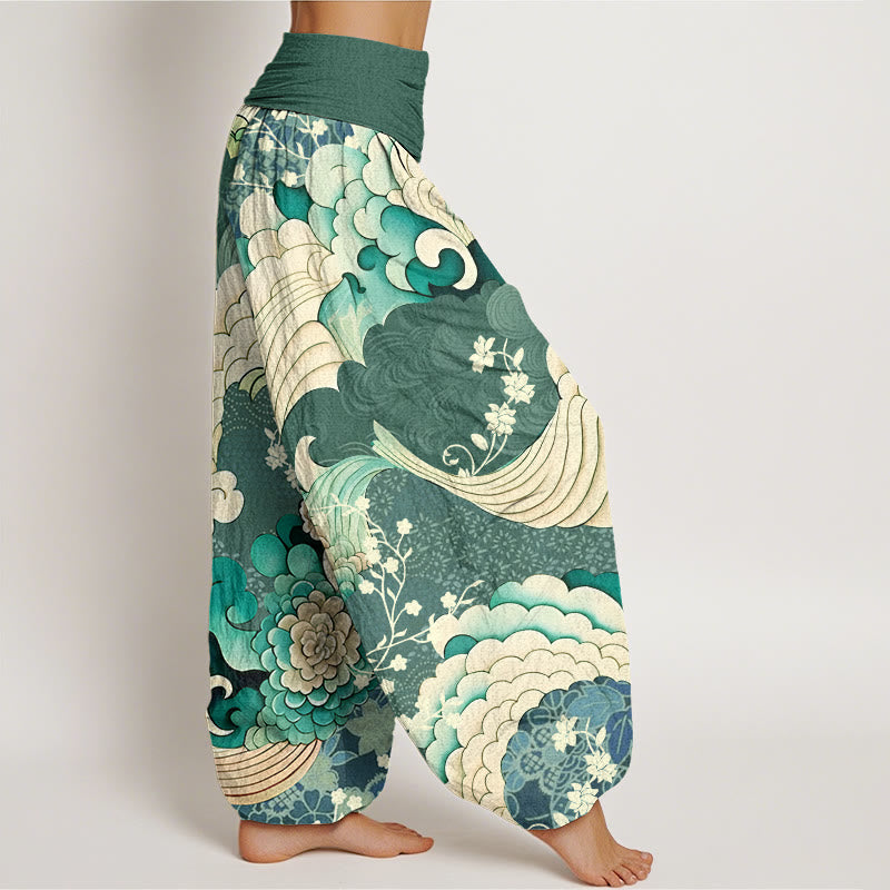 Pantalon sarouel à taille élastique pour femme, motif fleurs et vagues, Buddha Stones - image 3