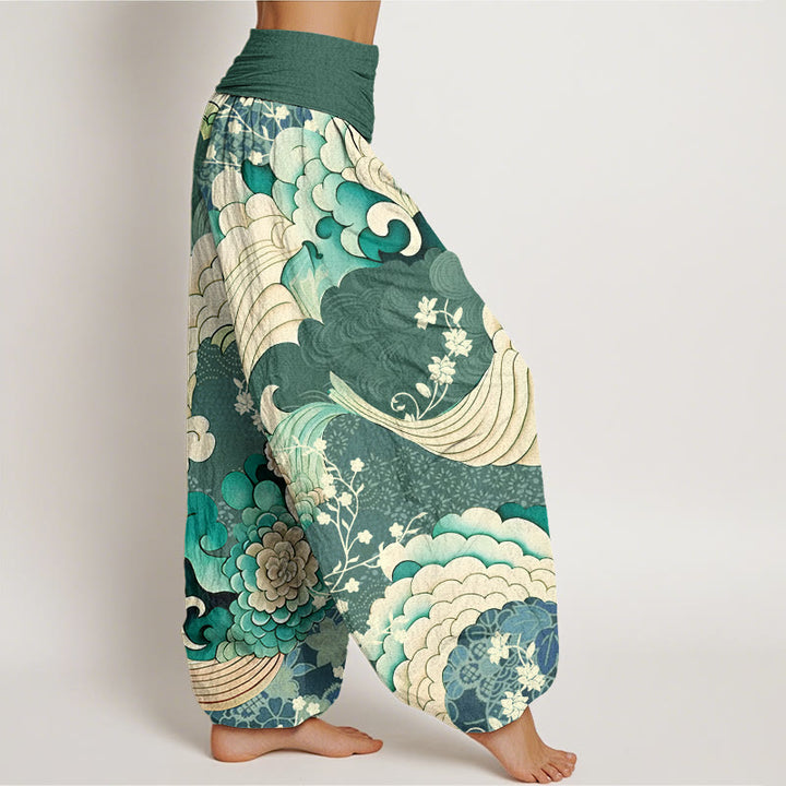 Pantalon harem à taille élastique pour femme, motif floral et vagues en coton avec Buddha Stones - image 2