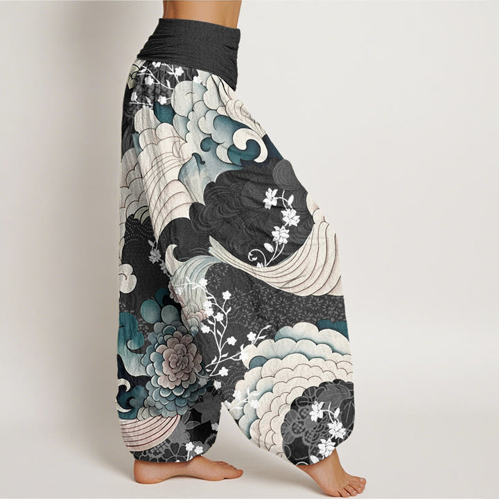 Pantalon harem à taille élastique pour femme, motif floral et vagues en coton avec Buddha Stones - image 6