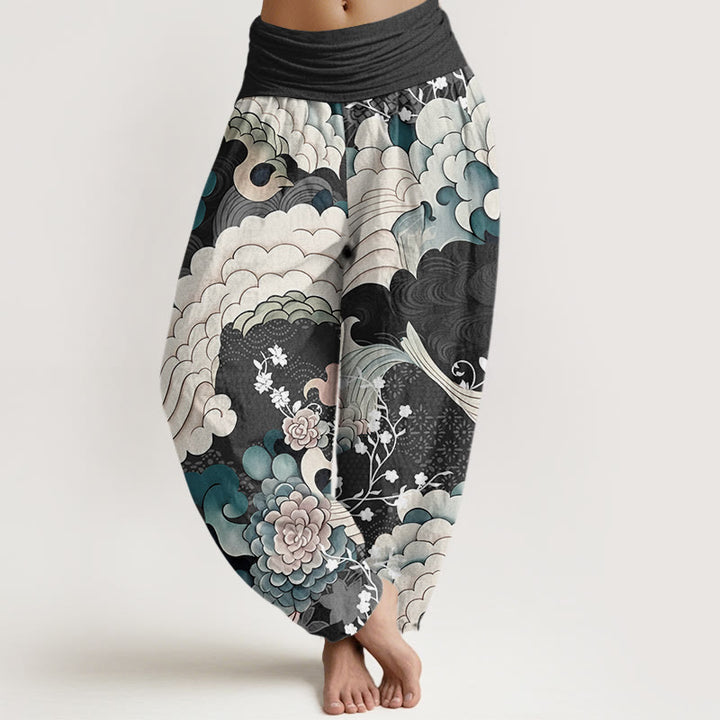 Pantalon harem à taille élastique pour femme, motif floral et vagues en coton avec Buddha Stones - Noir - US22，UK/AU26，EU54 (6XL) - image 4