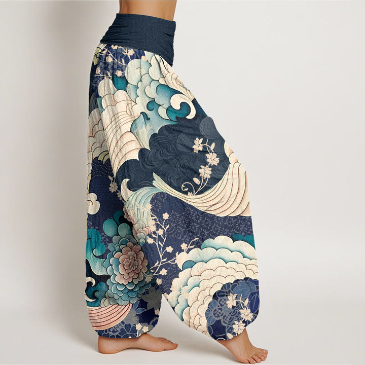 Pantalon sarouel à taille élastique pour femme, motif fleurs et vagues, Buddha Stones - image 9
