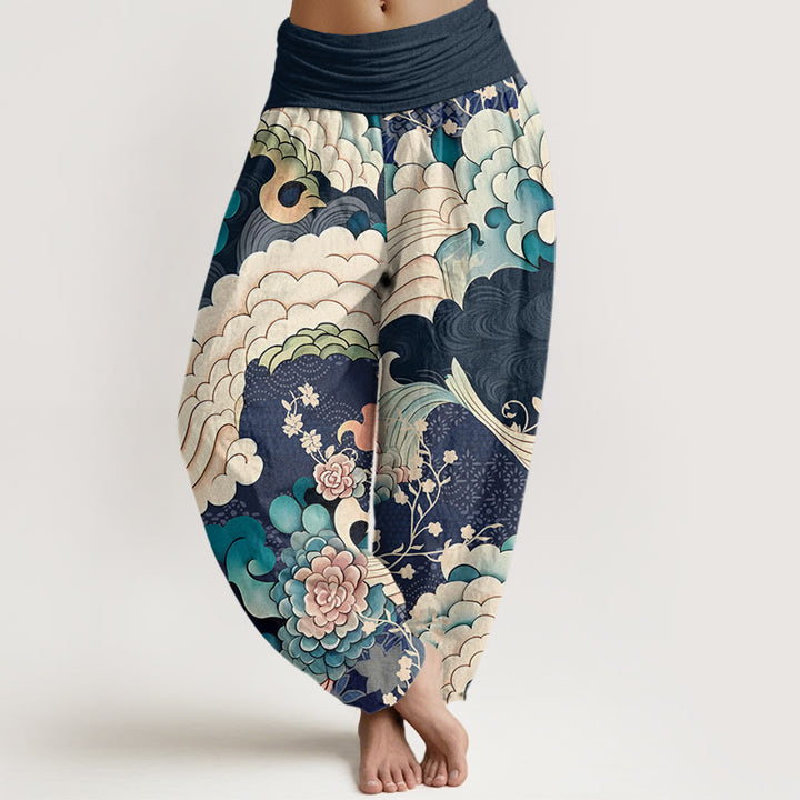 Pantalon harem à taille élastique pour femme, motif floral et vagues en coton avec Buddha Stones - Bleu nuit - US22，UK/AU26，EU54 (6XL) - image 7