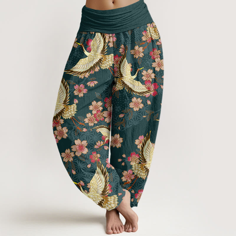 Pantalon sarouel à taille élastique pour femme, motif grue et fleurs de pêcher, Buddha Stones - Vert foncé - US22，UK/AU26，EU54 (6XL) - image 1