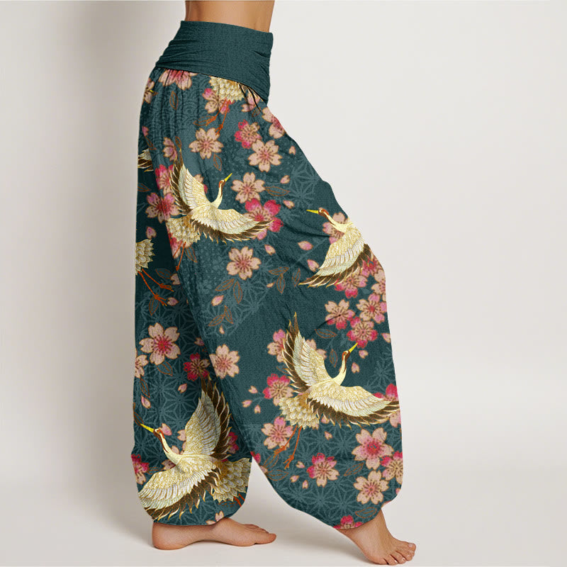 Pantalon sarouel à taille élastique pour femme, motif grue et fleurs de pêcher, Buddha Stones - image 3