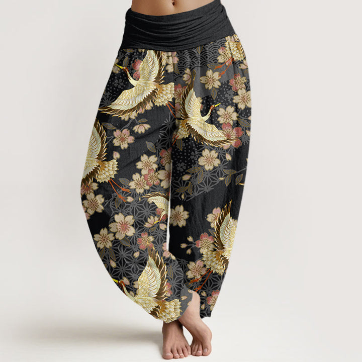Pantalon sarouel à taille élastique pour femme, motif grue et fleurs de pêcher, Buddha Stones - Noir - US22，UK/AU26，EU54 (6XL) - image 8