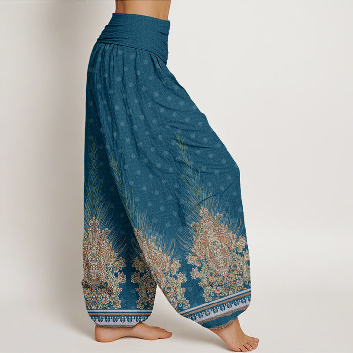 Pantalon harem à taille élastique pour femme, en coton à motif ethnique paon et fleurs, orné de Buddha Stones - image 2