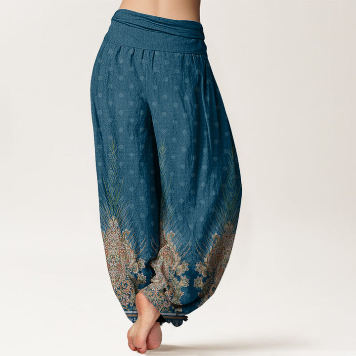 Pantalon harem à taille élastique pour femme, en coton à motif ethnique paon et fleurs, orné de Buddha Stones - image 1