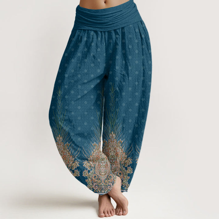 Pantalon sarouel à taille élastique pour femme, motif ethnique paon et fleurs, Buddha Stones - Sarcelle - US22，UK/AU26，EU54 (6XL) - image 1