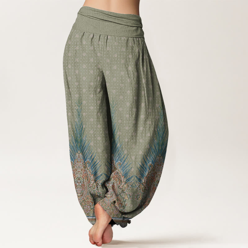Pantalon harem à taille élastique pour femme, en coton à motif ethnique paon et fleurs, orné de Buddha Stones - image 5