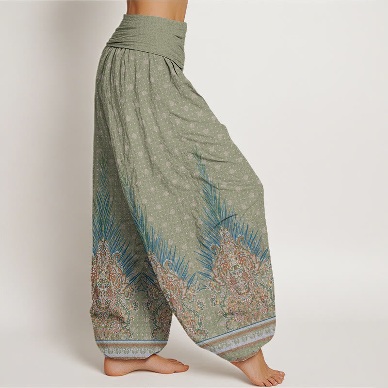 Pantalon harem à taille élastique pour femme, en coton à motif ethnique paon et fleurs, orné de Buddha Stones - image 6