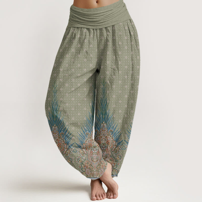 Pantalon harem à taille élastique pour femme, en coton à motif ethnique paon et fleurs, orné de Buddha Stones - Vert foncé - US22，UK/AU26，EU54 (6XL) - image 4