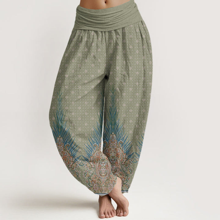 Pantalon harem à taille élastique pour femme, en coton à motif ethnique paon et fleurs, orné de Buddha Stones - Vert foncé - US22，UK/AU26，EU54 (6XL) - image 4