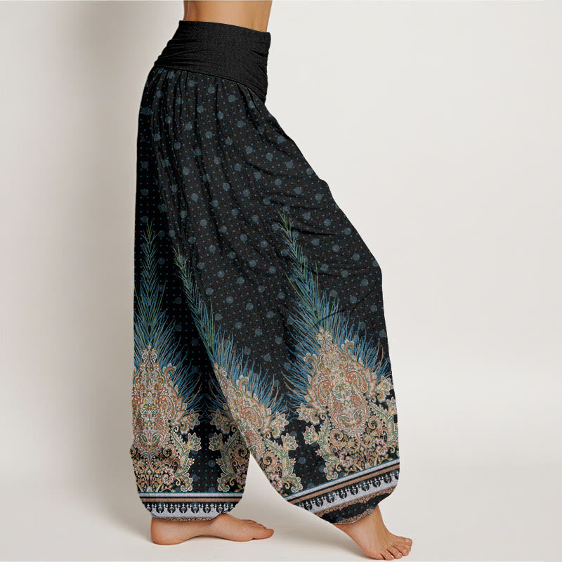 Pantalon harem à taille élastique pour femme, en coton à motif ethnique paon et fleurs, orné de Buddha Stones - image 9