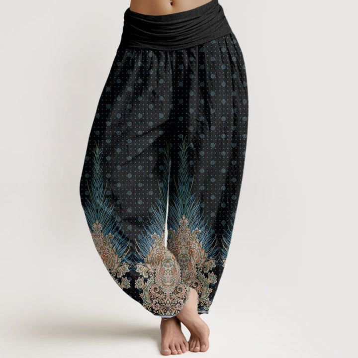 Pantalon sarouel à taille élastique pour femme, motif ethnique paon et fleurs, Buddha Stones - Noir - US22，UK/AU26，EU54 (6XL) - image 8