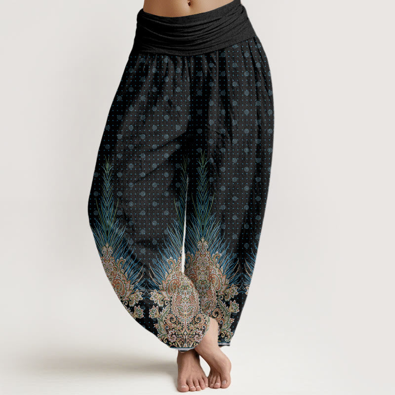 Pantalon harem à taille élastique pour femme, en coton à motif ethnique paon et fleurs, orné de Buddha Stones - Noir - US22，UK/AU26，EU54 (6XL) - image 7