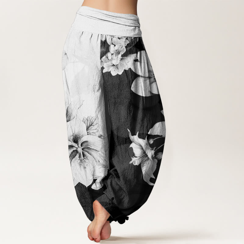 Pantalon harem à taille élastique en coton à motif camélia et Buddha Stones - image 1