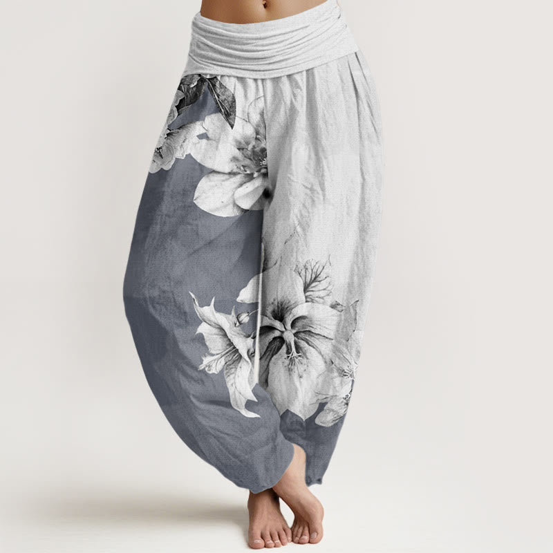 Pantalon harem à taille élastique en coton à motif camélia et Buddha Stones - Gainsboro - US22，UK/AU26，EU54 (6XL) - image 4