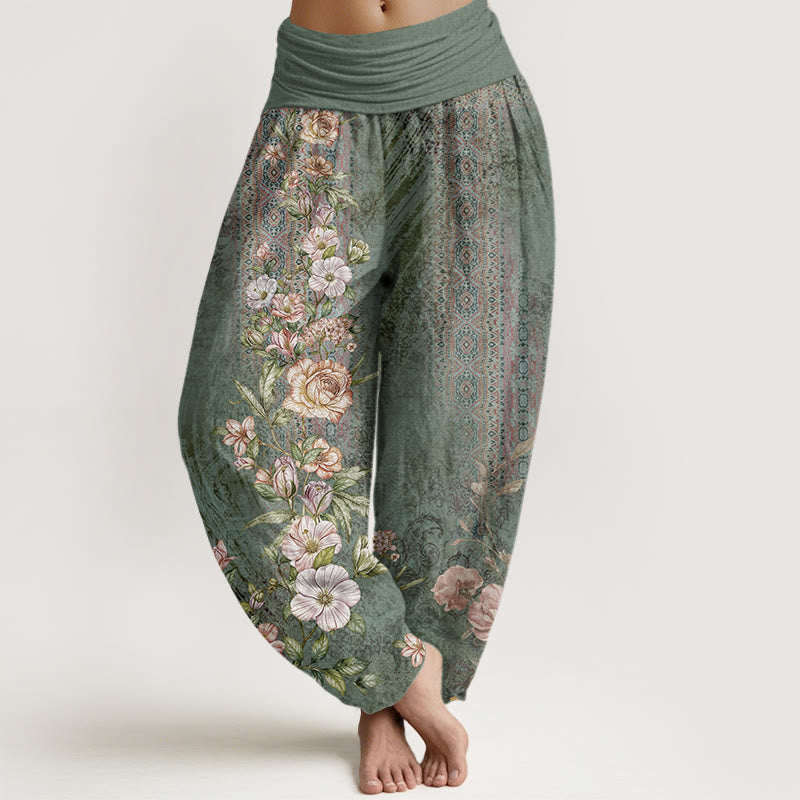 Pantalon harem pour femme en coton à motif ethnique floral et totem, taille élastique, orné de Buddha Stones - Vert mer moyen - US22，UK/AU26，EU54 (6XL) - image 0