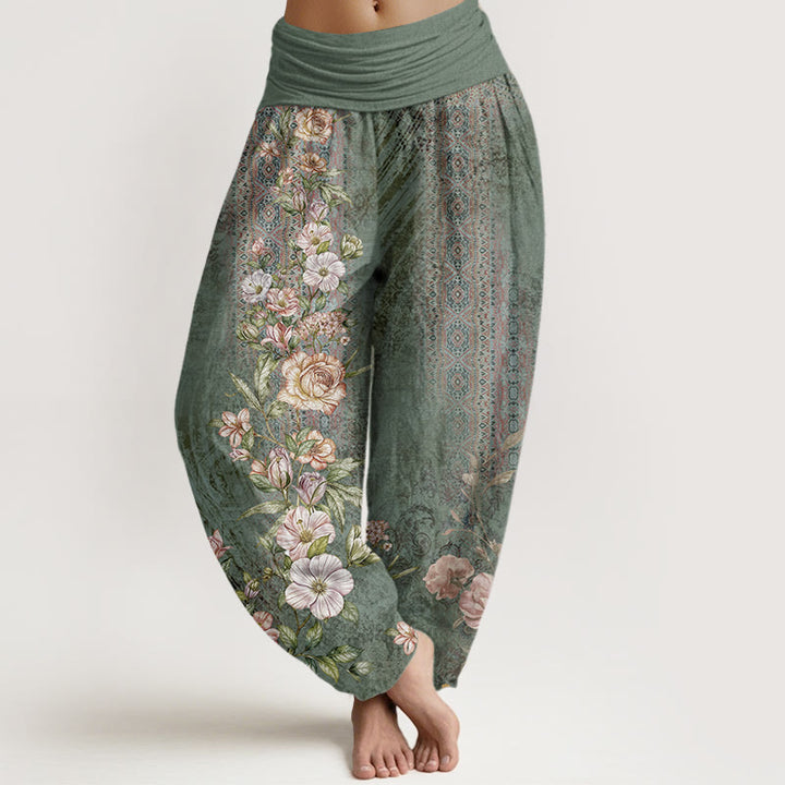 Pantalon harem pour femme en coton à motif ethnique floral et totem, taille élastique, orné de Buddha Stones - Vert mer moyen - US22，UK/AU26，EU54 (6XL) - image 0