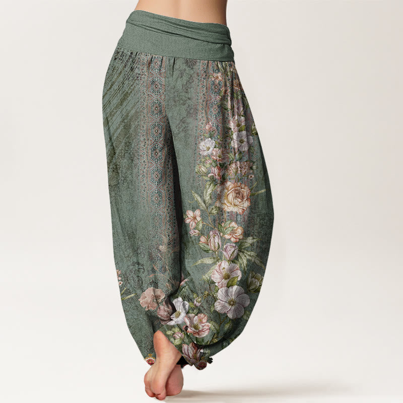 Pantalon harem pour femme en coton à motif ethnique floral et totem, taille élastique, orné de Buddha Stones - image 1