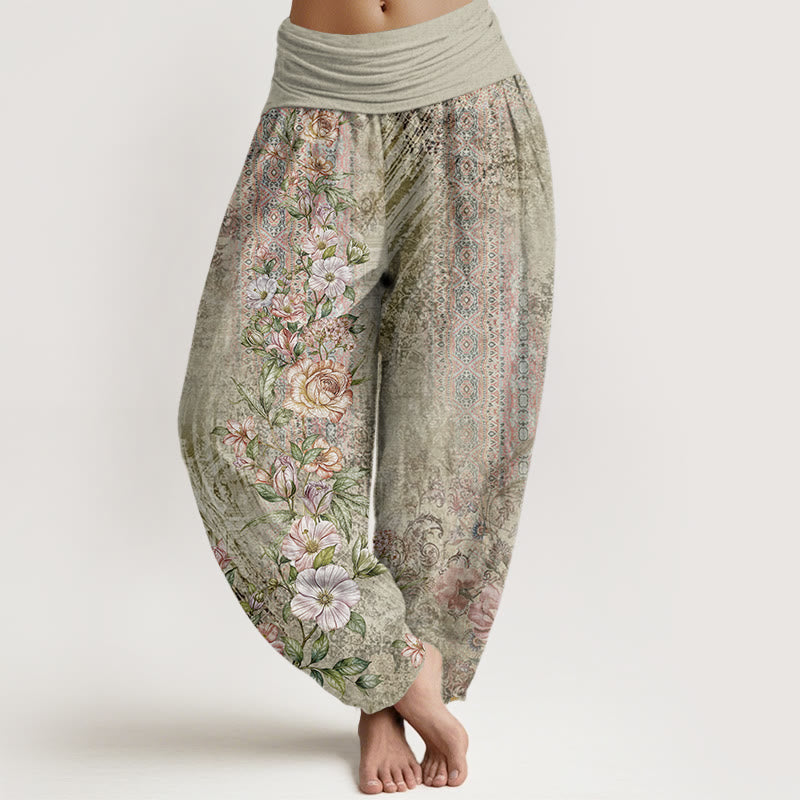 Pantalon harem pour femme en coton à motif ethnique floral et totem, taille élastique, orné de Buddha Stones - Vert foncé - US22，UK/AU26，EU54 (6XL) - image 4