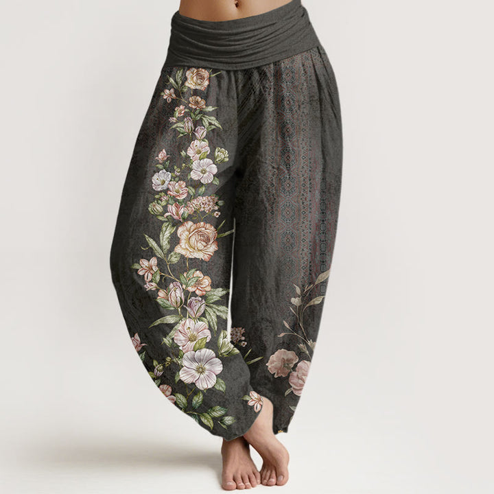 Pantalon harem pour femme en coton à motif ethnique floral et totem, taille élastique, orné de Buddha Stones - Noir - US22，UK/AU26，EU54 (6XL) - image 7
