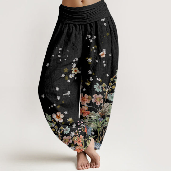 Pantalon harem à taille élastique pour femme, en coton à motif de Buddha Stones et de fleurs variées - Noir - US22，UK/AU26，EU54 (6XL) - image 0
