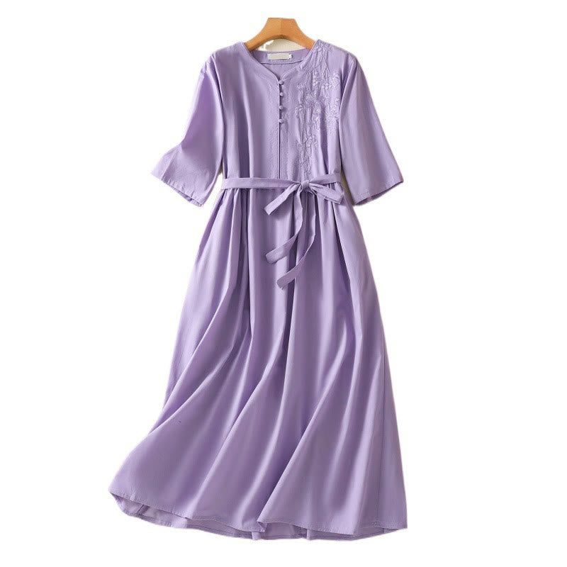 Robe mi-longue d'été en coton et lin avec Buddha Stones d'orchidées et lacets, col en V, manches mi-longues et poches - image 14