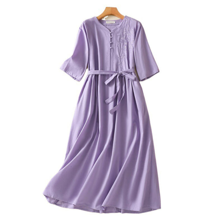Robe mi-longue d'été en coton et lin avec Buddha Stones d'orchidées et lacets, col en V, manches mi-longues et poches - image 14