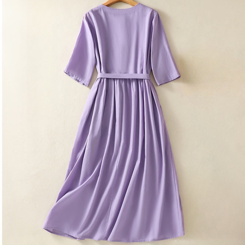 Robe mi-longue d'été en coton et lin avec Buddha Stones d'orchidées et lacets, col en V, manches mi-longues et poches - image 1