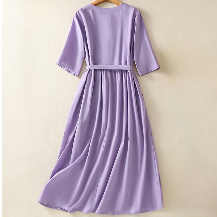 Robe mi-longue d'été en coton et lin avec Buddha Stones d'orchidées et lacets, col en V, manches mi-longues et poches - image 1