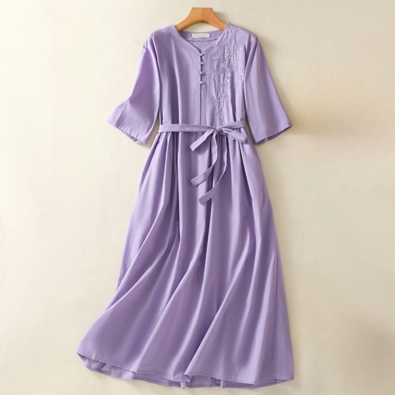 Robe mi-longue d'été en coton et lin avec Buddha Stones d'orchidées et lacets, col en V, manches mi-longues et poches - Orchidée - US8-10，UK/AU12-14，EU40-42 (2XL) - image 0