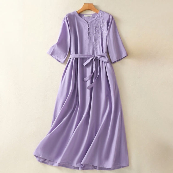 Robe mi-longue d'été en coton et lin avec Buddha Stones d'orchidées et lacets, col en V, manches mi-longues et poches - Orchidée - US8-10，UK/AU12-14，EU40-42 (2XL) - image 0