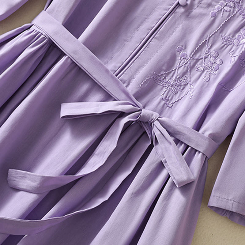 Robe mi-longue d'été en coton et lin avec Buddha Stones d'orchidées et lacets, col en V, manches mi-longues et poches - image 7