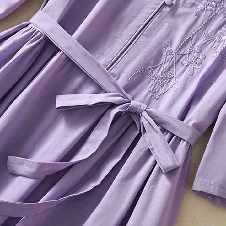 Robe mi-longue d'été en coton et lin avec Buddha Stones d'orchidées et lacets, col en V, manches mi-longues et poches - image 7