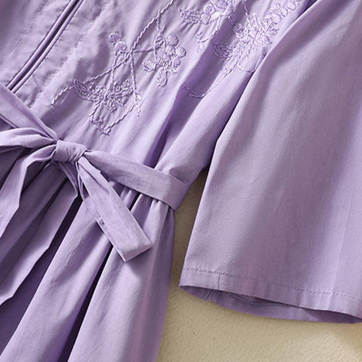 Robe mi-longue d'été en coton et lin avec Buddha Stones d'orchidées et lacets, col en V, manches mi-longues et poches - image 6