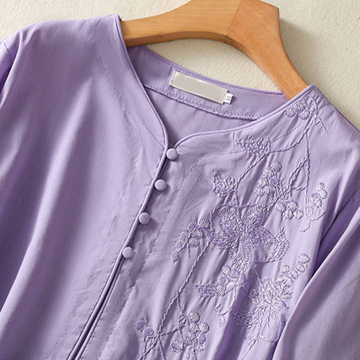 Robe mi-longue d'été en coton et lin avec Buddha Stones d'orchidées et lacets, col en V, manches mi-longues et poches - image 3