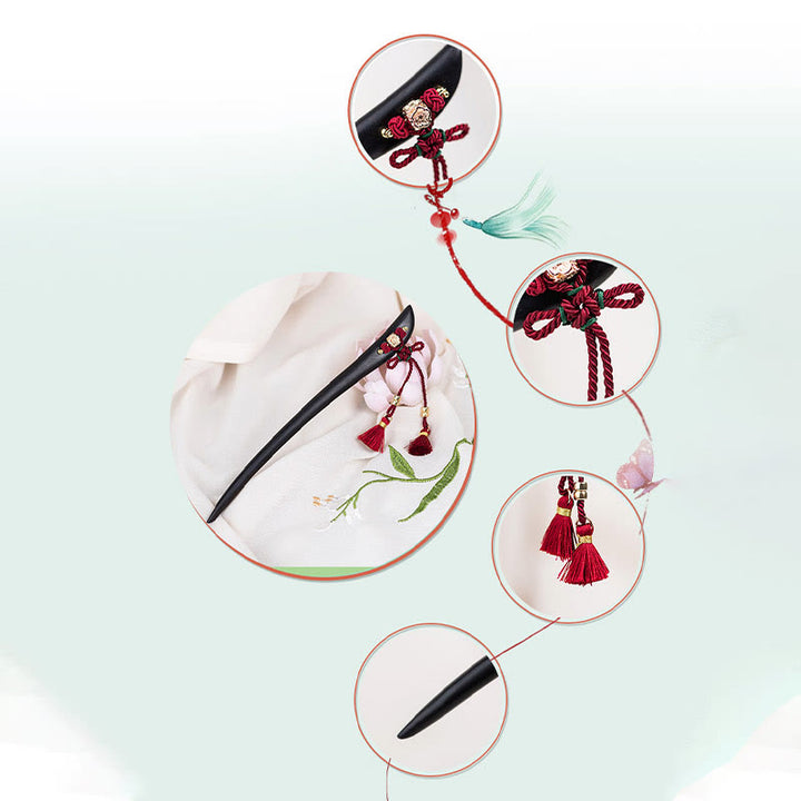 Épingle à cheveux de protection en ébène avec Buddha Stones et corde rouge, nœud chinois